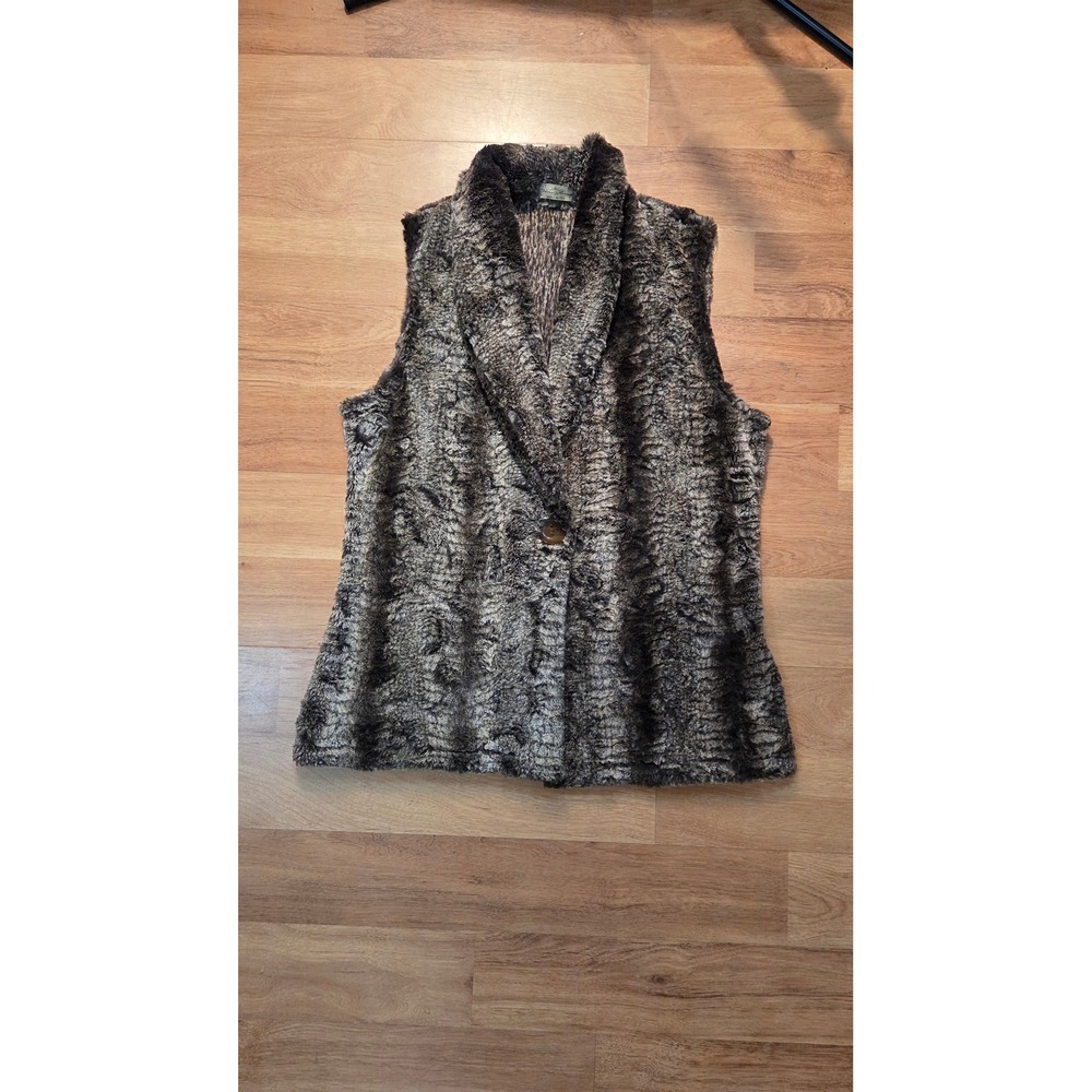 Vine Street Faux Fur Vest Brown Black Animal Print Shawl Collar Size L USA Made